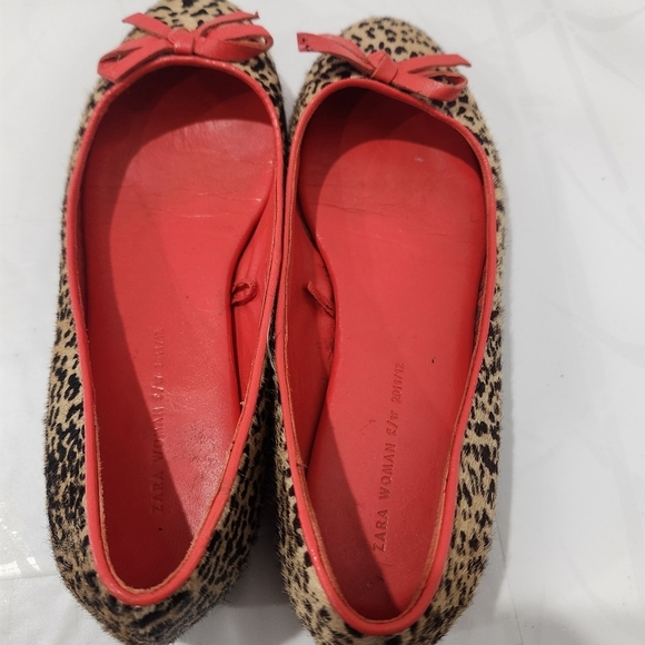 Zara Woman Animal Print Leather Ballet Flats Shoes Coral Red Bow US6.5/EU37 - Picture 4 of 11